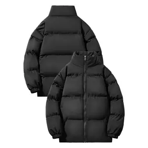 Tailorly Men's Loose-Fit Pull-On Long-Sleeve Black Plain Quilted Coat - Cotton-Padded, Stand-Up Collar, Wind-Protective Tops for Sports, Outdoor Activities