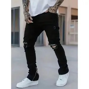 Minghuo Shop Men’s Slim Fit Black Jeans – Street Style, Cotton Blend, Mid-Stretch Fabric, Ripped Detailing, All-Season Wear