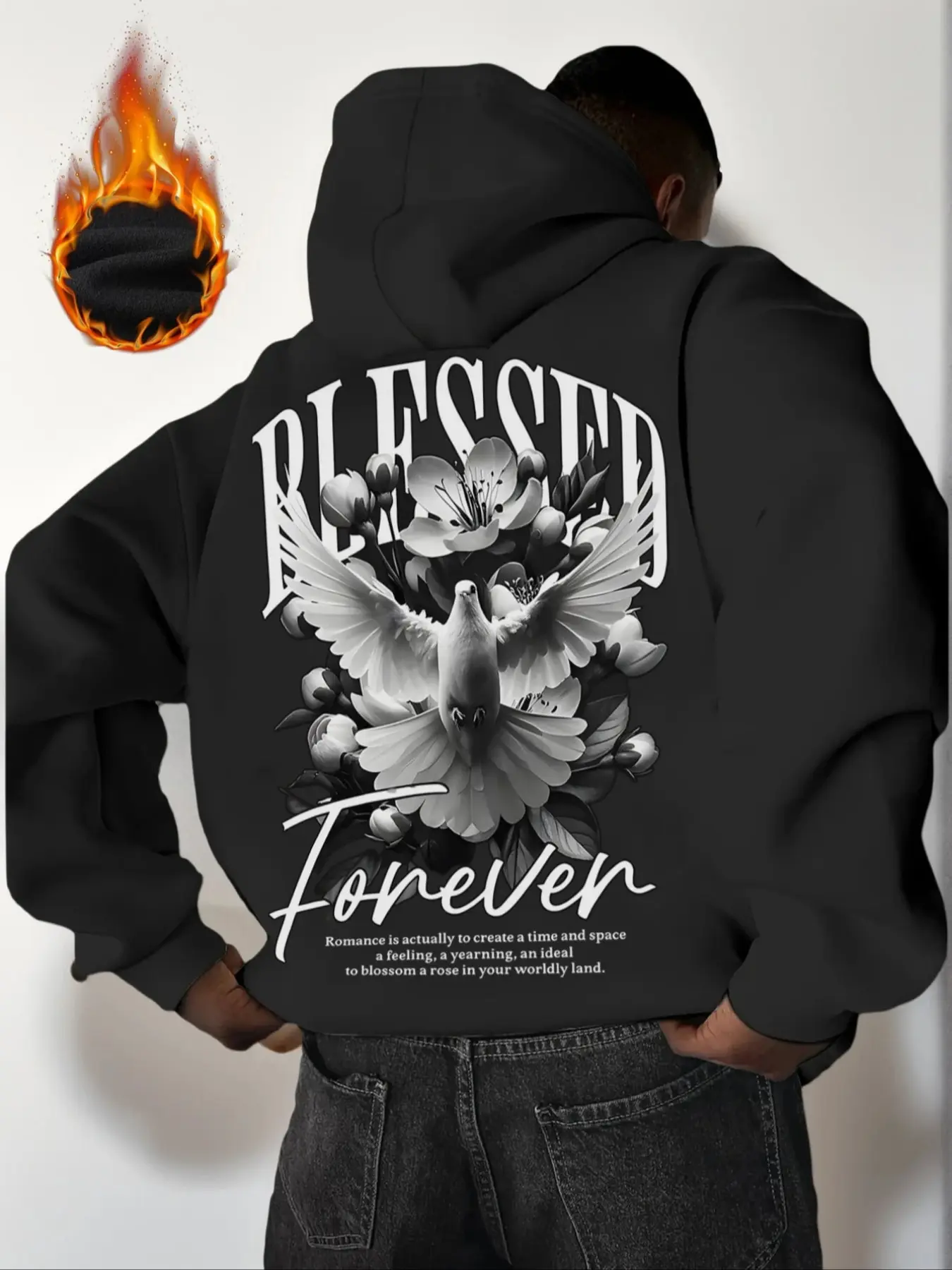 Trendy Men's Plus Size Long Sleeves Loose Hoodie Sweatshirts, Peace & English Slogan Print, Warm and Comfortable Inner Lining, Perfect for Fall Winter Seasons