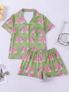 Women's 2-Piece Green & Pink Poodle Print Pajama Set, Cute & Preppy Loungewear with Pink Piping, Short Sleeve Lapel Top with Small Pocket & Elastic Waist Shorts, Soft Comfy All-Season Casual Sleepwear for Ladies Womenswear