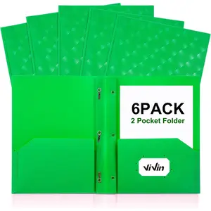 Plastic Folders with Pockets and Prongs, 6 Pack Heavy Duty 2-Pocket File Folder with 3 Fasteners, Fits Letter Size Paper for School Home and Office(Bight Green)