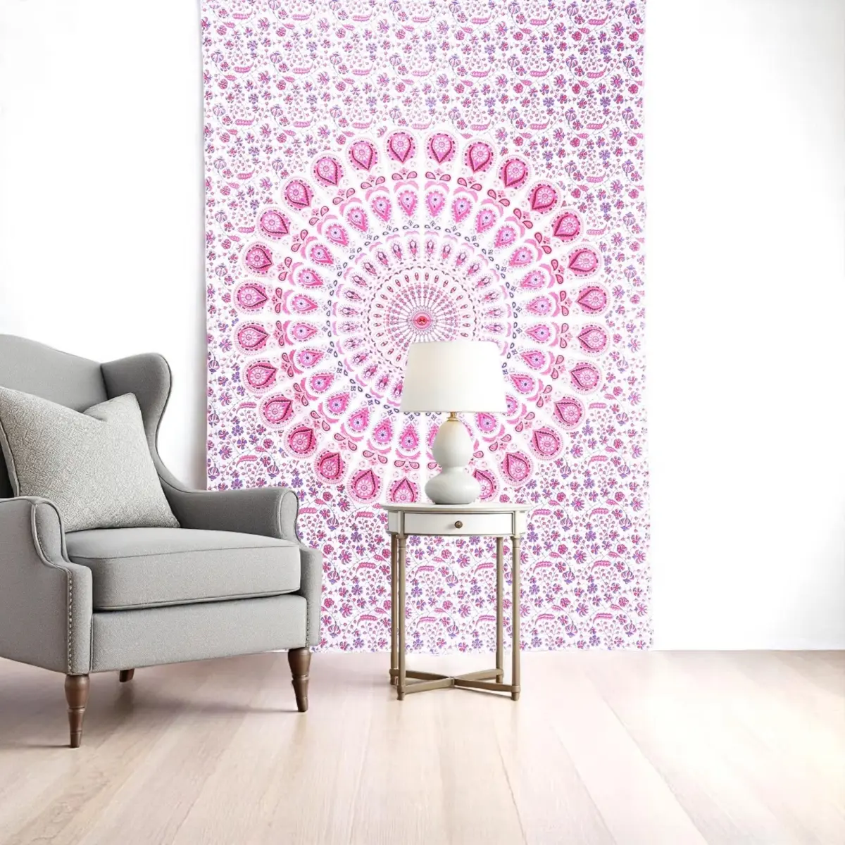 360 Stand Handmade Bohemian Cotton Tapestry Wall Hanging, 80x56" Pink & White Mandala, Home Decoration for Room (Model 397204) | Wall Tapestries Room Decor, Boho Print Tapestries