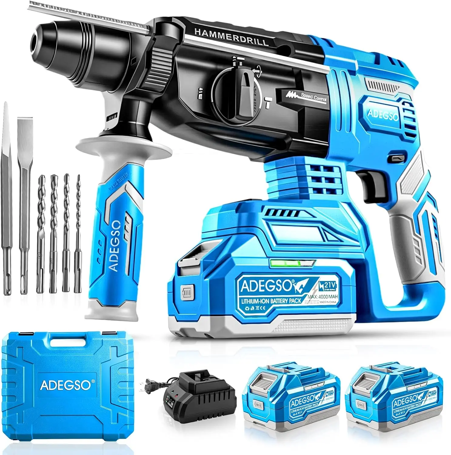 21V Brushless Cordless SDS-Plus Rotary Hammer Drill Kit, 2.8J Impact Energy 5000 BPM 4-Mode Hammer Tool with 2x4.0Ah Lithium-Ion Batteries and Fast Charger, Chisel Bits and Carrying Case for Concrete Drilling, Masonry, Construction and DIY Projects