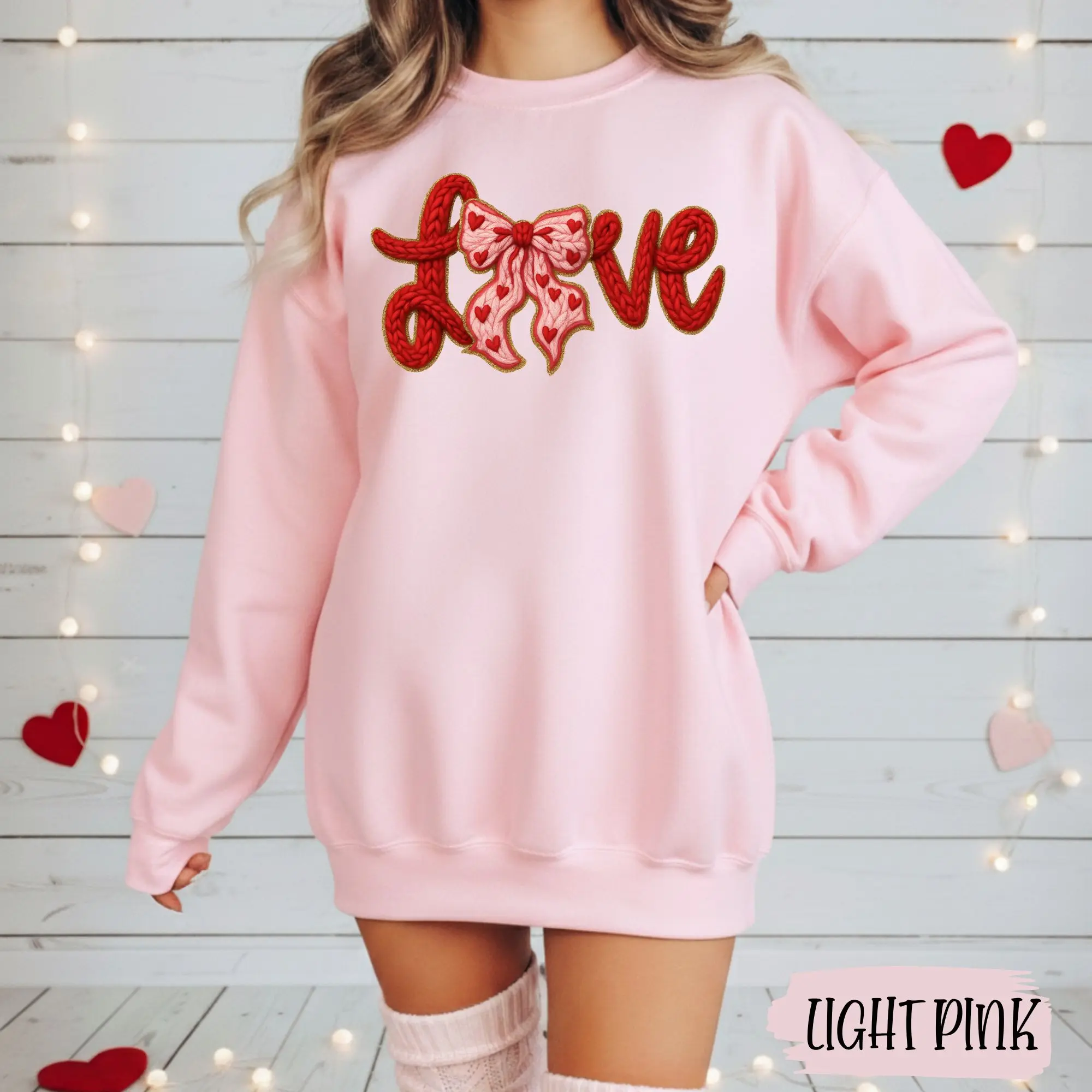 Faux Yarn Knit Valentine's Day Love Coquette Sweatshirt Unisex Long Sleeve Crew Neck Casual Autumn Jumper Cotton Blend Ribbed Collar