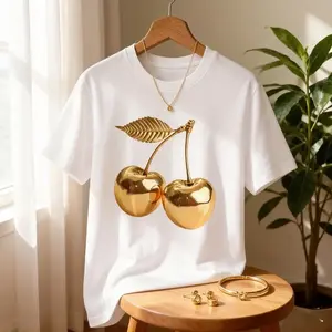 2026 Spring/Summer New Women'S Crew Neck Golden Cherry Print Casual T-Shirt | Fashionable Cool Short Sleeve for Summer