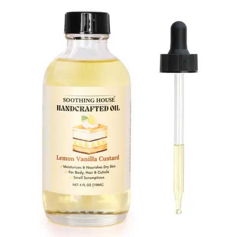 Handcrafted Luxury Scented Natural Lemon Vanilla Custard Body Oil - 4oz Cruelty-Free Cosmetic Moisturizer with Jojoba, Almond, Essential Fatty Acids, Soothing, Hydrating, Silky Lightweight, Gentle for All Skin Types Daily Care (3 Months Shelf Life)