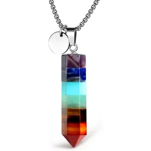 7 Chakra Stones Necklace Gemstone Pendant Necklace Energy Healing Crystal Divination Pendulum For Women (Cone Hexagonal, 18 Inches Stainless Steel Chain)