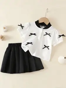 Baby Girl Colorblock Bow Accents Set, Short Sleeve Top Pleated Skirt Two-Piece, Fashion Casual School Style Clothing