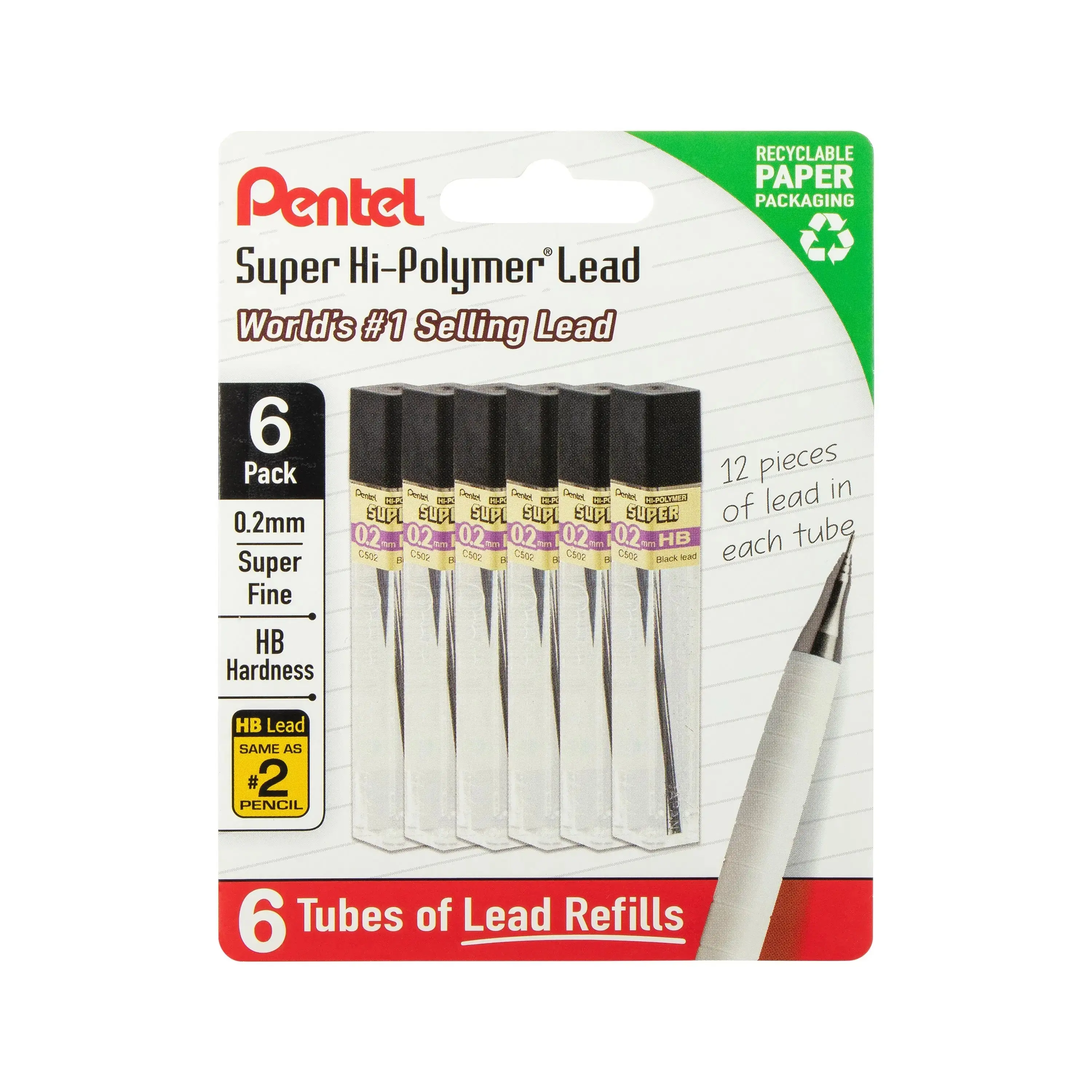 Pentel Super Hi-Polymer Mechanical Pencil Lead Refills, 0.2 mm, HB Grade, 72 Pieces (12 Pcs per Tube, 6 Tubes) for Smooth Writing Pencils, Mechanical Pencil Pencils