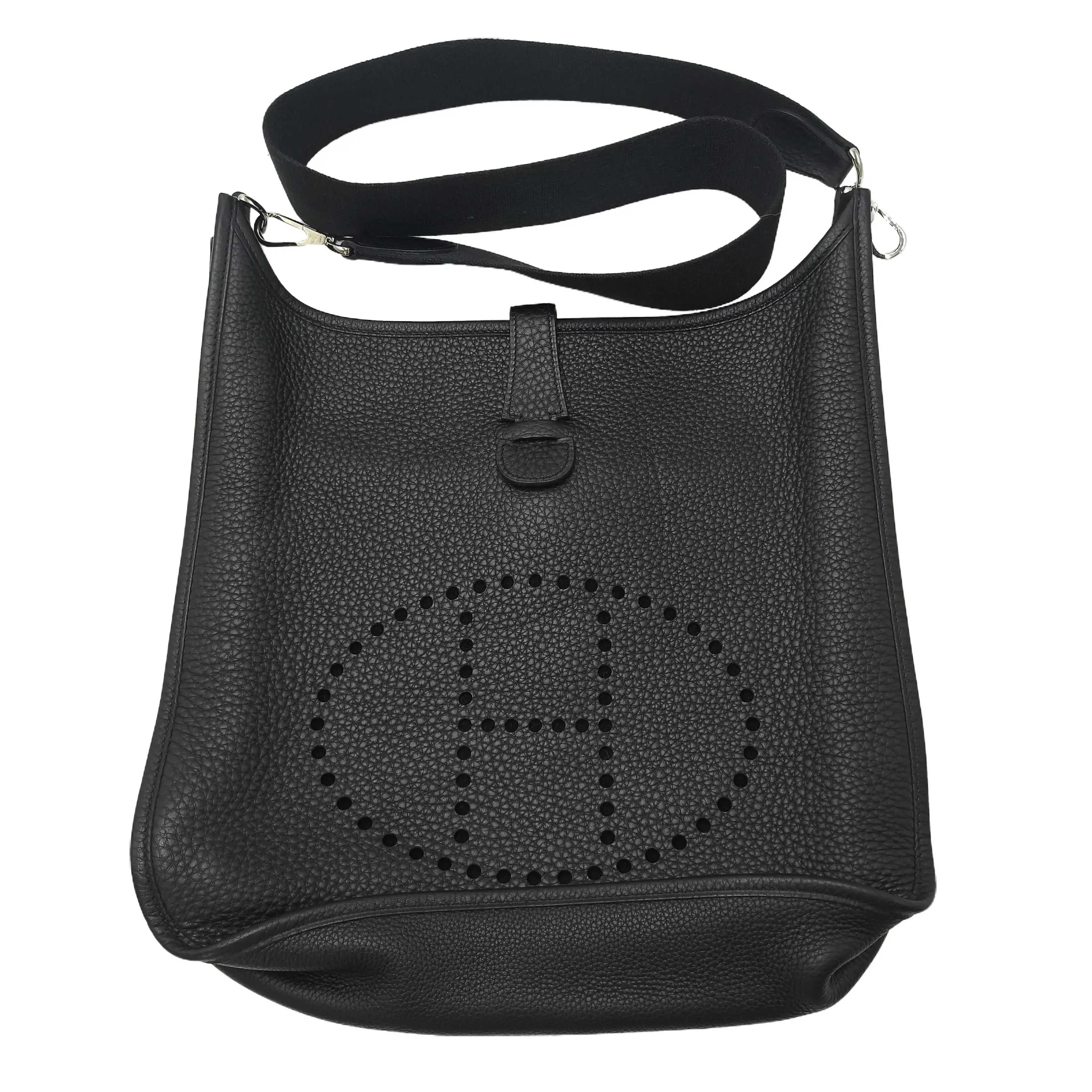 Pre-owned HERMÈS Leather Shoulder Bags Black Clemence Evelyne GM Women Crossbody Shoulder Bag, Perforated H Logo Messenger Bag With Detachable Wide Canvas Strap For Daily Casual Outfit