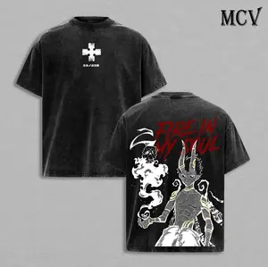 Fire Force Washed Tee – Shinra Kusakabe Fire Force Anime Adolla Burst Fire God Devil Footprints Manga Graphic Double Printed T-Shirt, Menswear Heavy Cotton Unisex Oversize Streetwear Vintage Retro