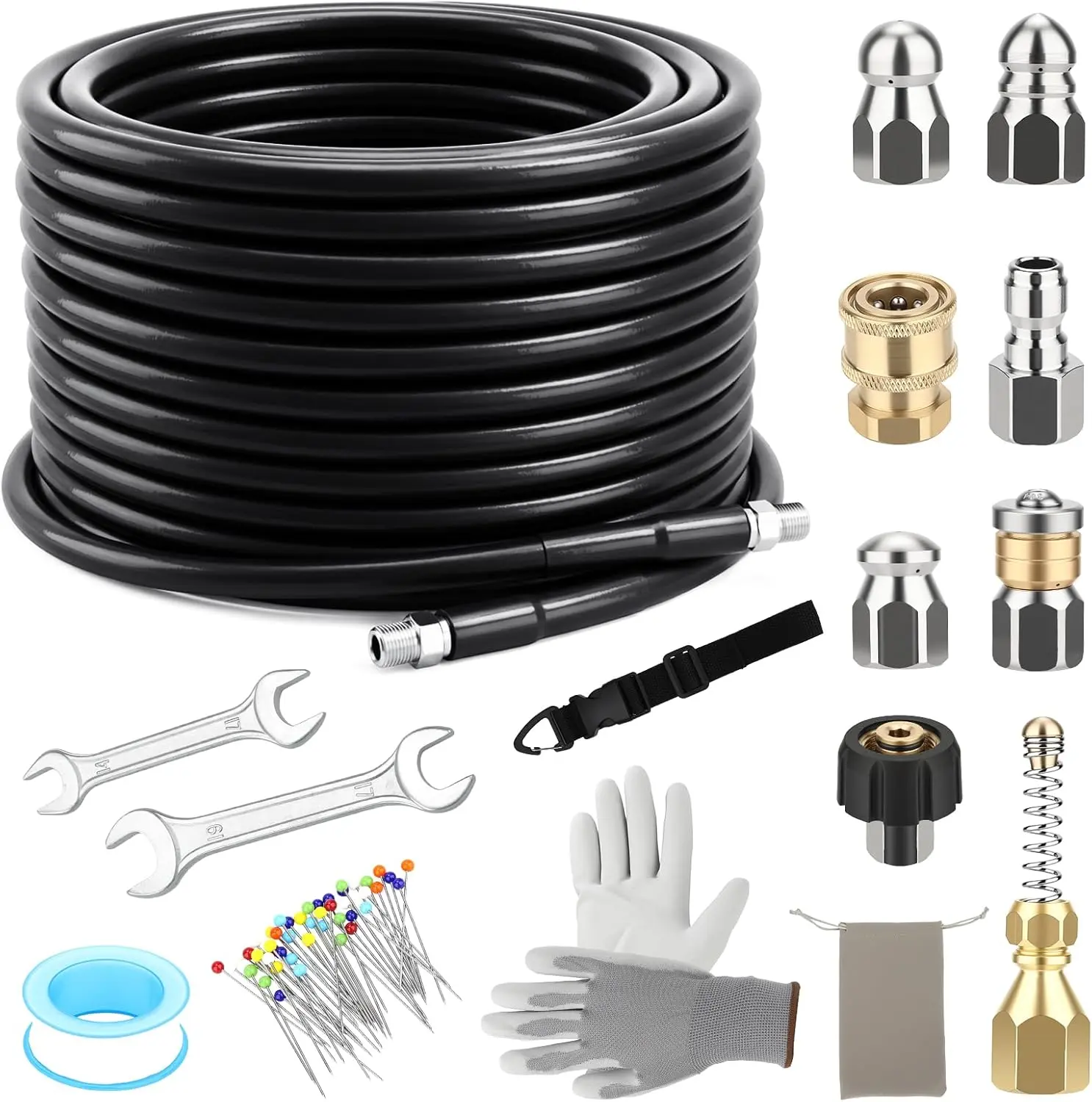 Sewer Jetter Kit for Pressure Washer 100FT, 5800 PSI Power Washer Drain Jetter Cleaner Hose with 1/4 Inch NPT Corner Rotating Nozzle and 4 Different Button Hose Sewer Jet Nozzles Cleaning Sewage Pipes