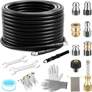 Sewer Jetter Kit for Pressure Washer 100FT, 5800 PSI Power Washer Drain Jetter Cleaner Hose with 1/4 Inch NPT Corner Rotating Nozzle and 4 Different Button Hose Sewer Jet Nozzles Cleaning Sewage Pipes
