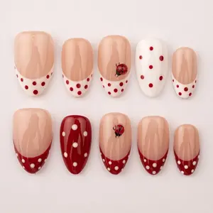 Cute Ladybug Nails, Red and White Polka Dot Press On Nails, Summer French Tip Design, Short Oval Nail Set for Everyday Style