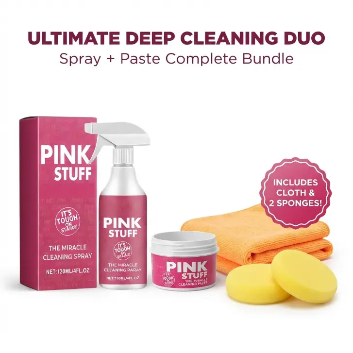 The Pink Stuff Total Home Essential Bundle - Cleaning Paste 500g, Squeezable Cleaning Paste 300g, Multi Purpose Spray 750ml, Bathroom Foam Spray 750ml, Foaming Toilet Powder 2 Pack,  Sponge for Full Home Coverage