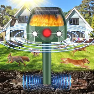 New 360° Solar Ultrasonic Animal Repeller: All-Around Outdoor Deterrent Device featuring 5 modes, motion sensing, and a flame light function. Waterproof and effective against deer, rabbits, raccoons, and squirrels—an ideal choice for yards and gardens.