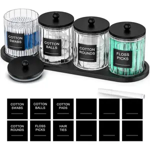 4 Pack Glass Qtip Holder Set with Tray- Bathroom Countertop Set Organizers,  Round Swab Holder Dispenser  Ball Holder,  Jars with , Floss Pick Containers - ms Black