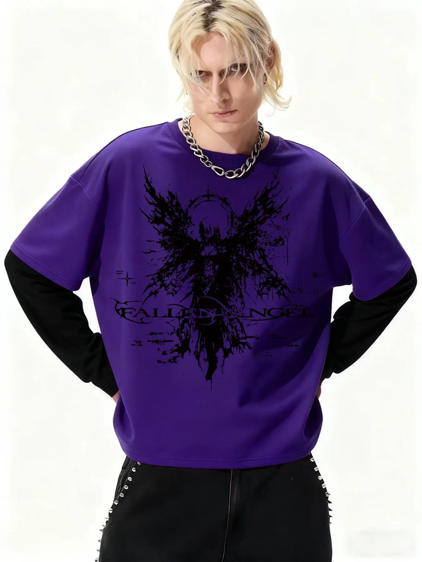 Angel Print Design Hip-Hop Streetwear Casual Street Style Menswear Men's Long Sleeve Colorblock T-Shirt, Casual Fitted Geometric Pattern, Long Clothing Length