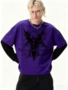 Angel Print Design Hip-Hop Streetwear Casual Street Style Menswear Men's Long Sleeve Colorblock T-Shirt, Casual Fitted Geometric Pattern, Long Clothing Length