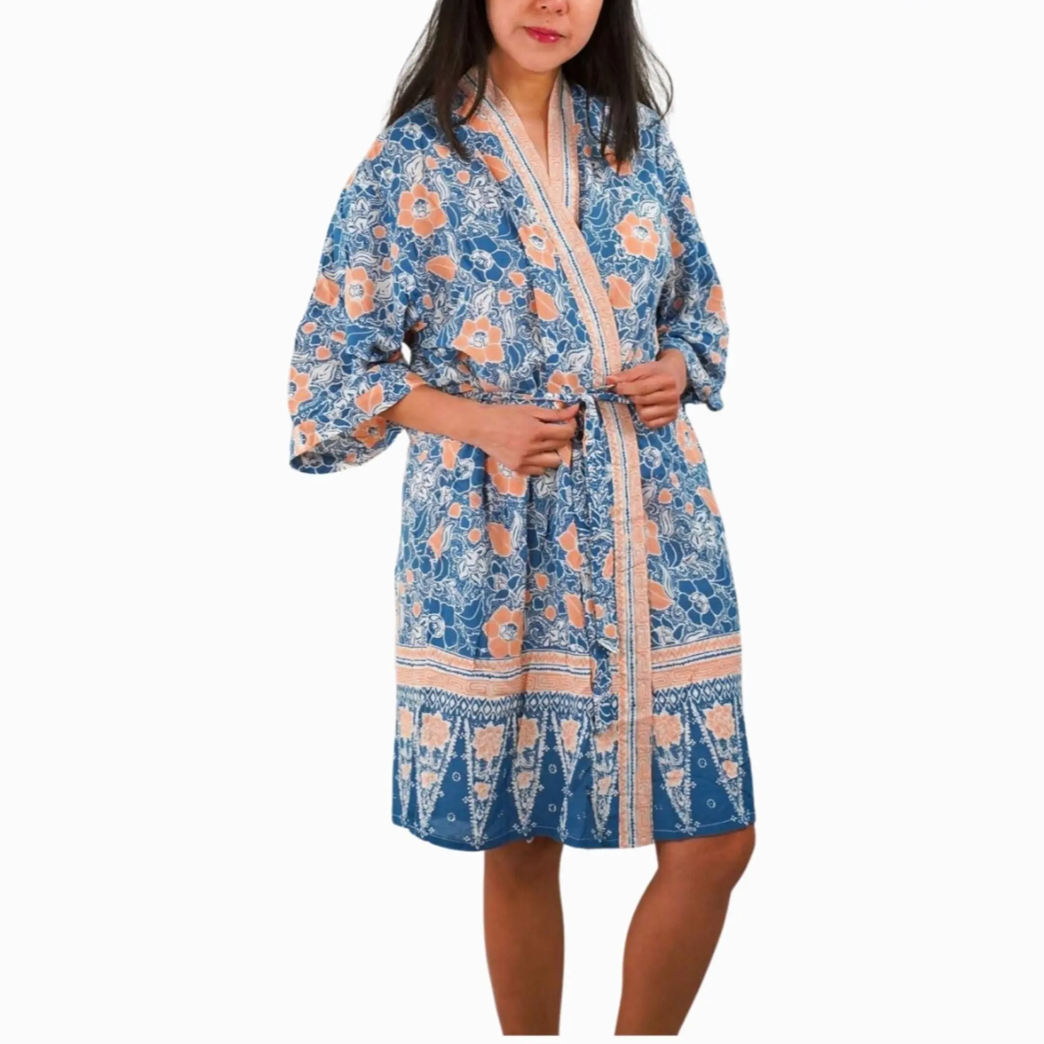 Hand Dyed Batik Robe/ Kimono, Cotton Soft, Sunset Sky, Blue, Orange Fabric Womenswear Belt Clothes
