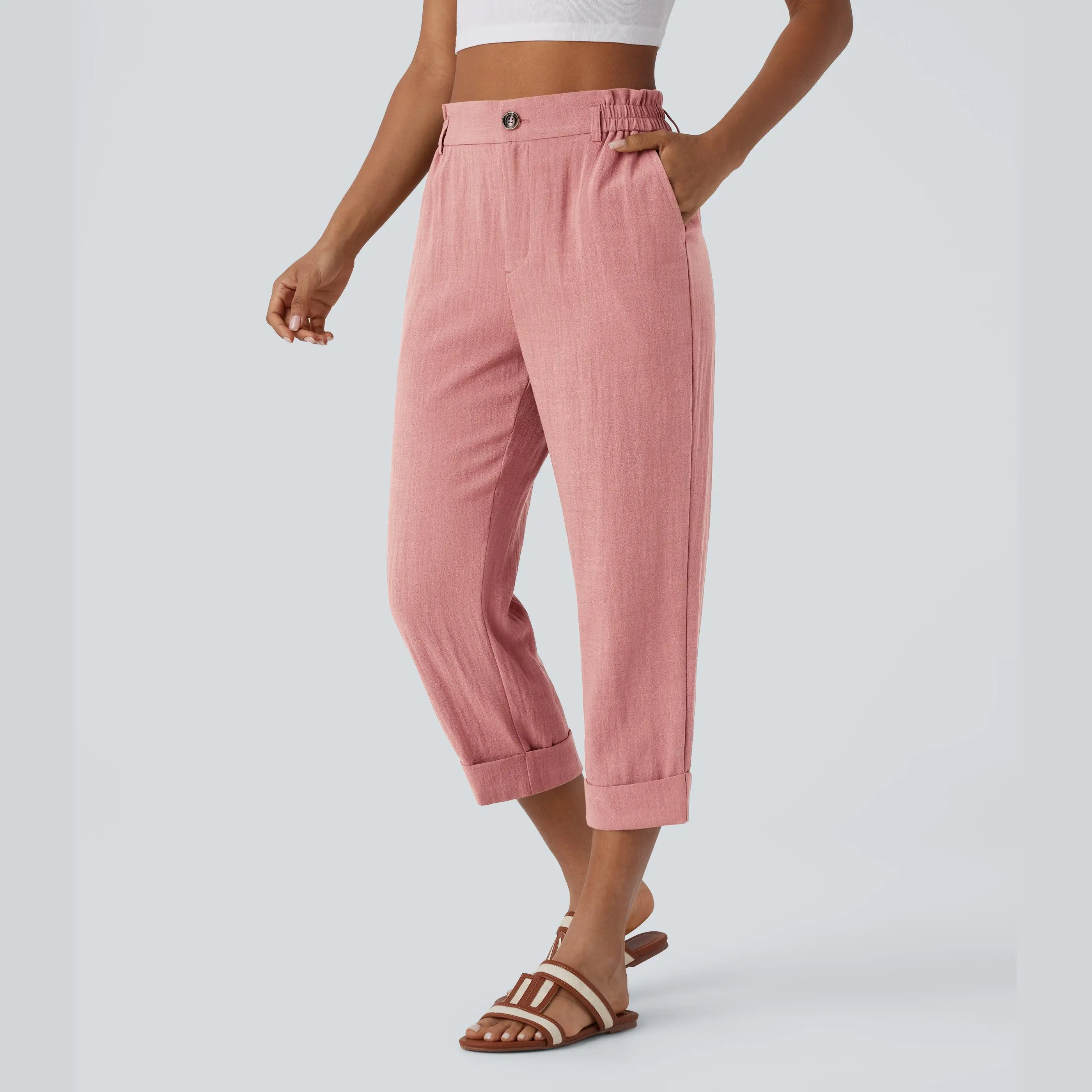 Halara High Waisted Zipper Pocket Cropped Linen-Feel Pants