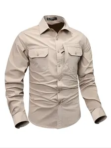 Men's Solid Flap Pocket Button Front Shirt, Regular Fit Casual Quick Drying Long Sleeve Collared Top for Fall & Winter, Men's Clothes for Outdoor Work