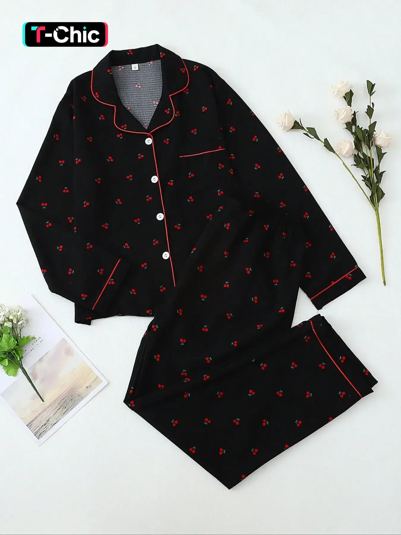 Women's Chic Sweet Cherry Print Woven Pajama Set, Long Sleeve Button Front Top & Pants, Casual Home Wear, Spring & Fall Sleepwear, Loungewear