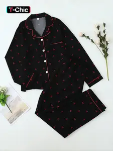 Women's Chic Sweet Cherry Print Pajama Set, Long Sleeve Button Front Top & Pants, Casual Home Wear, Spring & Fall Sleepwear, Loungewear