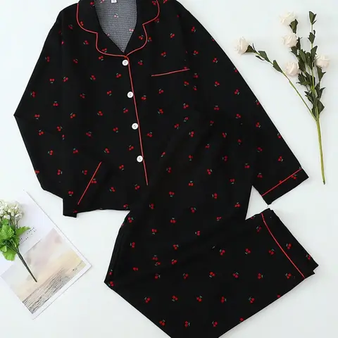 Women's Chic Sweet Cherry Print Woven Pajama Set, Long Sleeve Button Front Top & Pants, Casual Home Wear, Spring & Fall Sleepwear, Loungewear, Loungewear Pjs Set