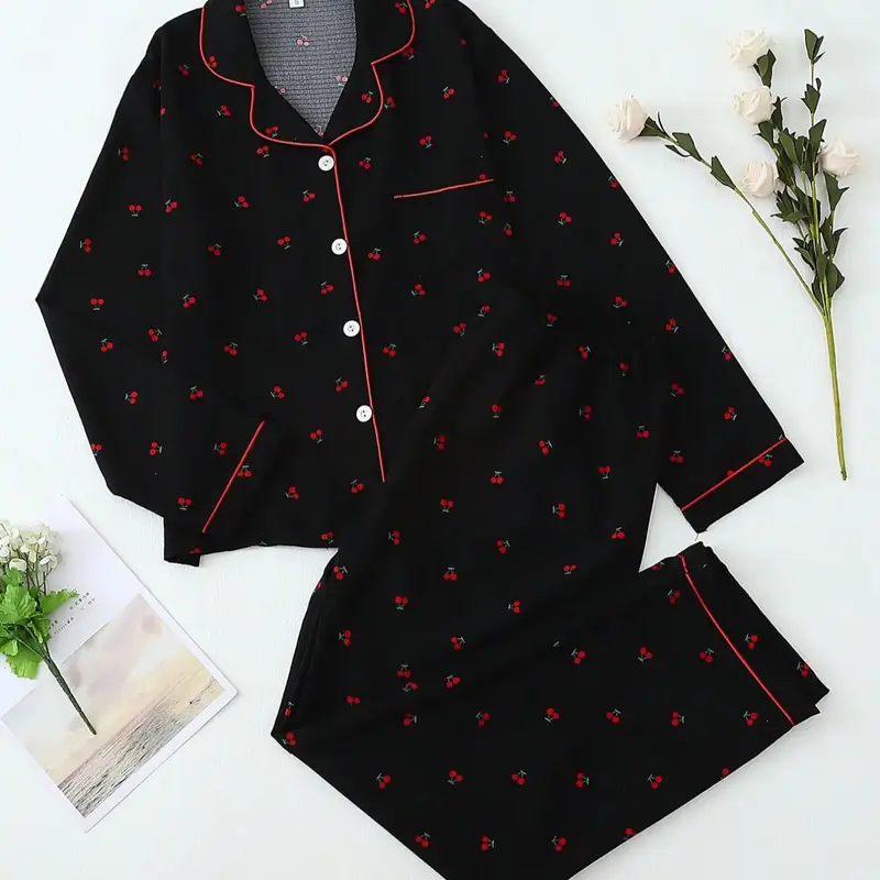 Women's Chic Sweet Cherry Print Woven Pajama Set, Long Sleeve Button Front Top & Pants, Casual Home Wear, Spring & Fall Sleepwear, Loungewear, Loungewear Pjs Set