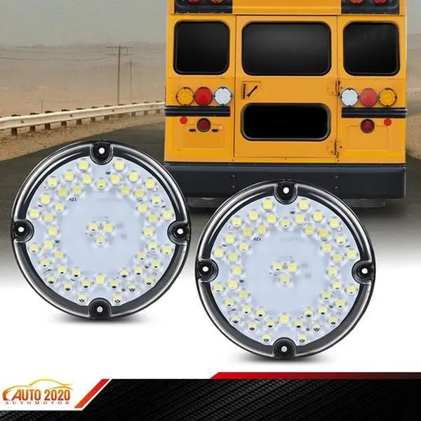 White 2pc 7" Round LED Back-up Tail Light Fit For School Bus Transit Vehicle