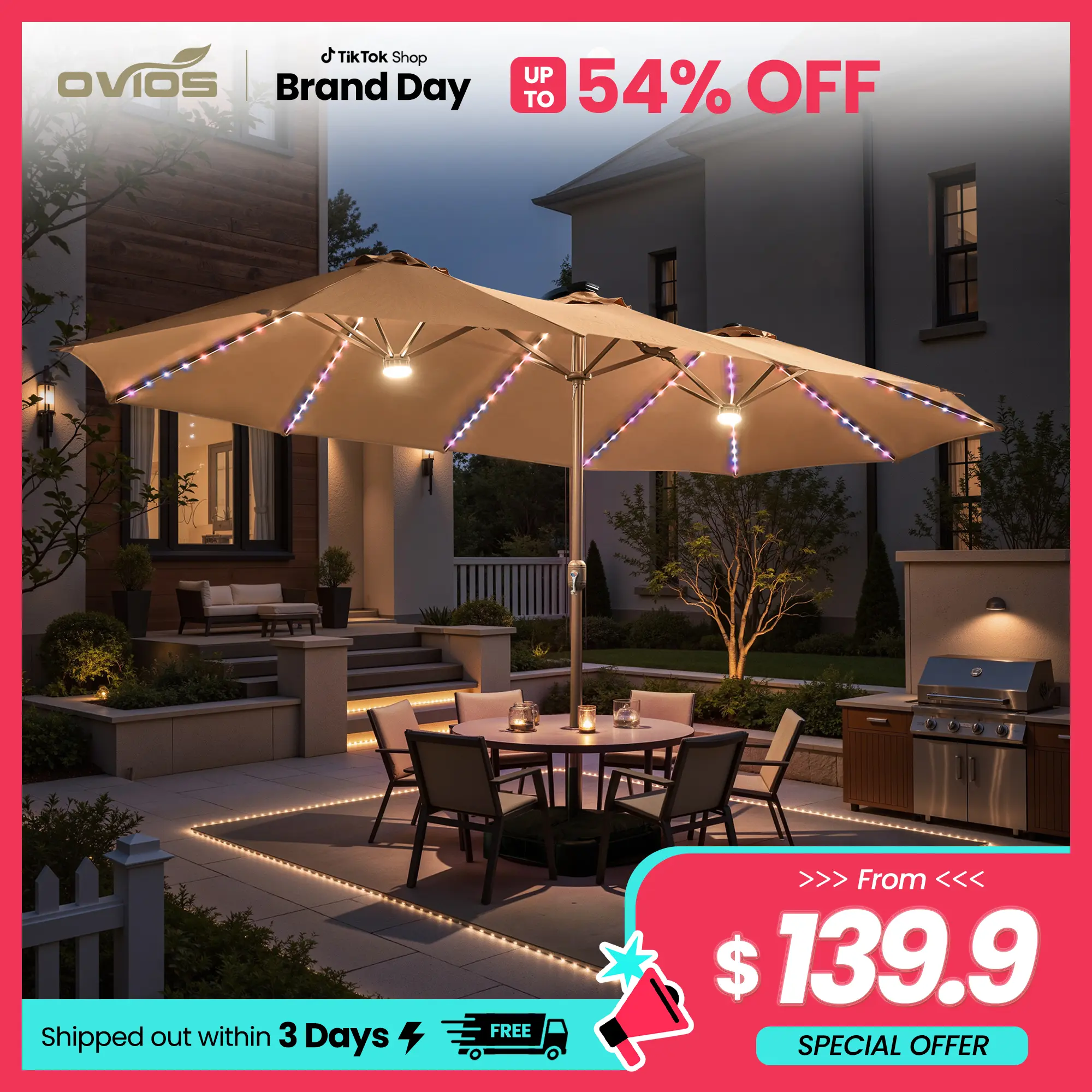 【Summerfinds】Ovios 15ft Double-Sided Patio Umbrella with RGB Solar Lights, Outdoor Large Umbrellas with Crank Handle and 36 LED Lights, Rectangular Market Umbrella with Base Included for Deck Pool Shade