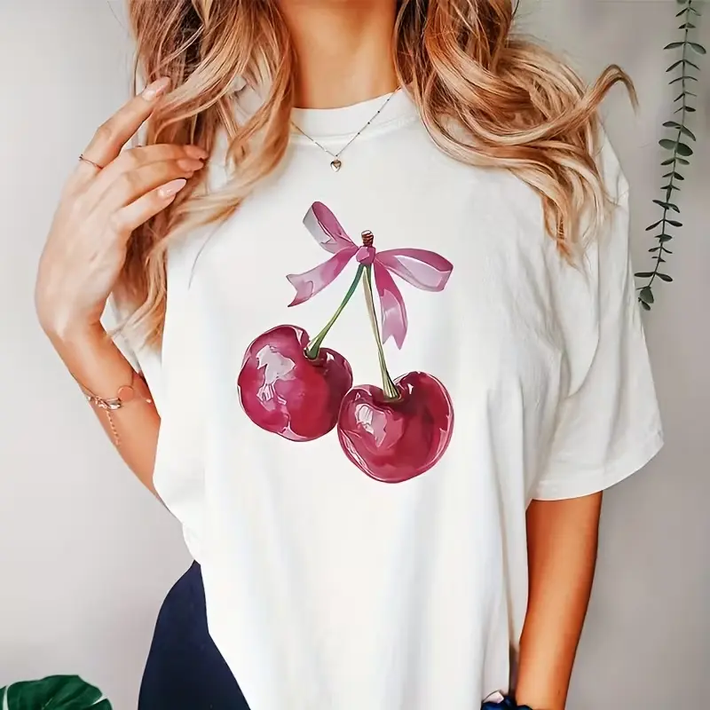 Cherry-print T-shirt, washable pure cotton fabric.