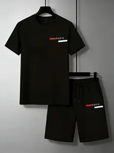 Men's Casual 2 Piece Sports Set, Breathable Crew Neck T-Shirt & 5-Inch Shorts, Summer Outdoor Outfit for Adults