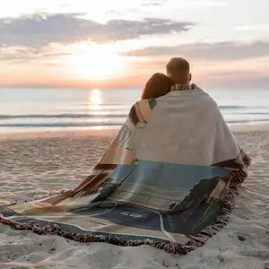 Relaxing by the seaside Pattern Yarn Woven Portable Bohemian Outdoor Camping picnic blanket Blanket with Fringe, All Weather Easy To Care, Colorfast Chunky Soft Throw, Used for Picnic Travel Garden Office Nap Home Decor Bed Chair Tapestry Tablecloth