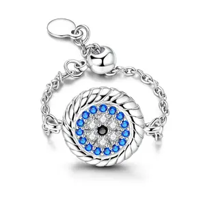 LAZA S925 Silver Plated Evil Eye Chain Ring, Adjustable Blue CZ Protection Ring for Women, Lucky Charm Spiritual Jewelry Gift for Girls