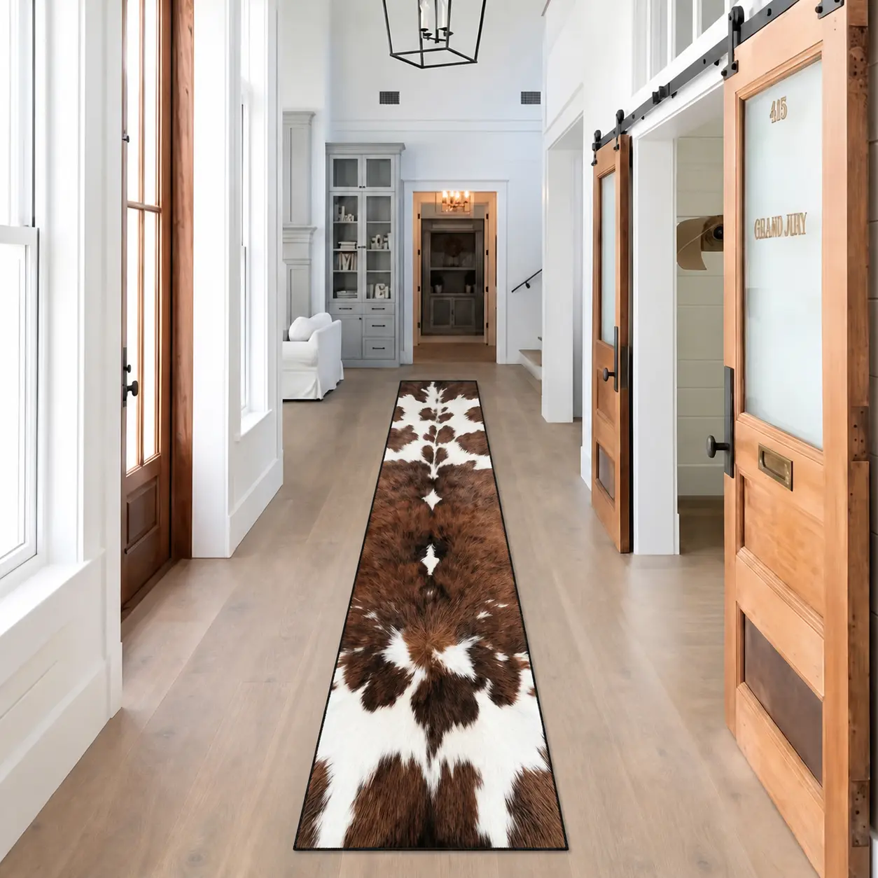 Cow Print Faux Hide Runner Rug, Farmhouse Animal Skin Long Hallway Rug, Non Slip Low Pile Entryway Floor Mat for Kitchen Bedroom Farm Home Decor, Multiple Sizes