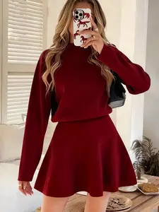 Women's Casual Stand Collar Pullover Dress, Spring Long Sleeve Plain Loose Fit Knit Dress, Fashionable & Comfortable Daily Wear Womenswear