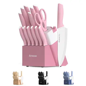 Astercook Knife Set, 14 Pieces Kitchen Knives Set with Healthy Anti-Rust Coating, Stainless Steel Knife Sets with Built-in Sharpener, Sharp & Rust Resistant Dishwasher Safe Pink