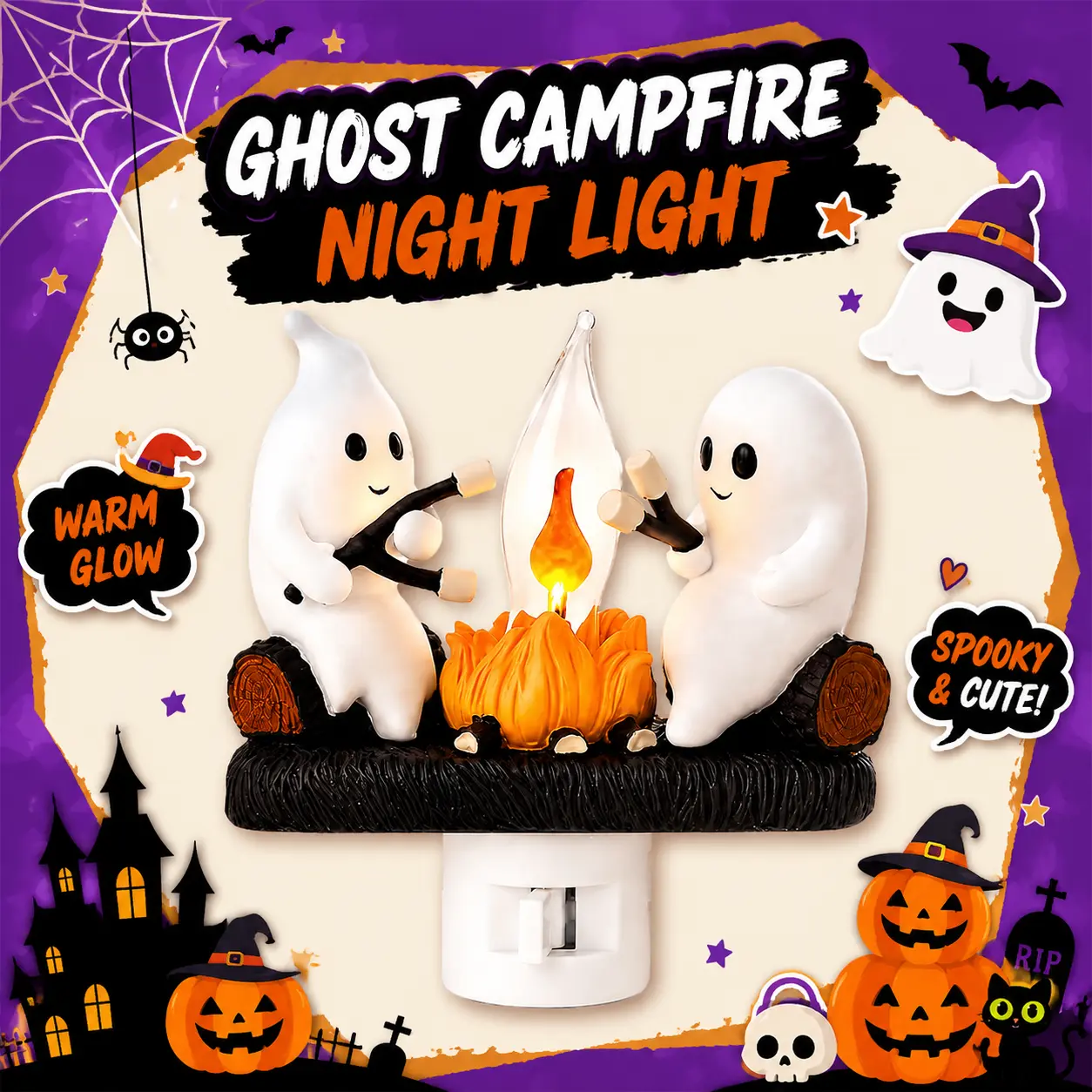 Ghost Campfire Decor, 2026 Ghost Campfire Flickering LED Decoration, 3D Small Faux Campfire Marshmallow Ghost Ornament, Funny Halloween Spooky Season Decor for Bedroom, Indoor Halloween Decorations, Halloween Party Decoration, Gaming Room Gadgets