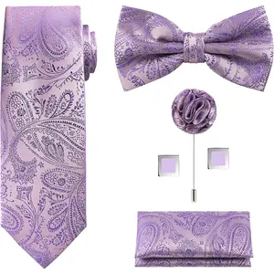 5pcs Tie Set in WHITE OR BLACK GIFT BOX: Solid Color Necktie, Satin Bow Tie, Pocket Square, Lapel, Cuff Links