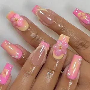 24Pcs 3D Gelnail Makes Square Pink French Tip Press On Nails Medium Flower Acrylic Fake Nail Set,Contain 1pc Jelly Glue And 1pc Nail File, Easy To Wear 3D Gelnails French Tip Press On Nails Art For Woman Girl Daily Work Festivals Party Use