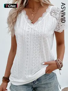 Women's Sheer Lace Eyelet Embroidered Solid Color Tee, Elegant Chic Short Sleeves for Summer, Daily Wear Women's Sheer Lace Eyelet Embroidered Solid Color Tee, Elegant Chic Short Sleeves for Summer, Daily Wear