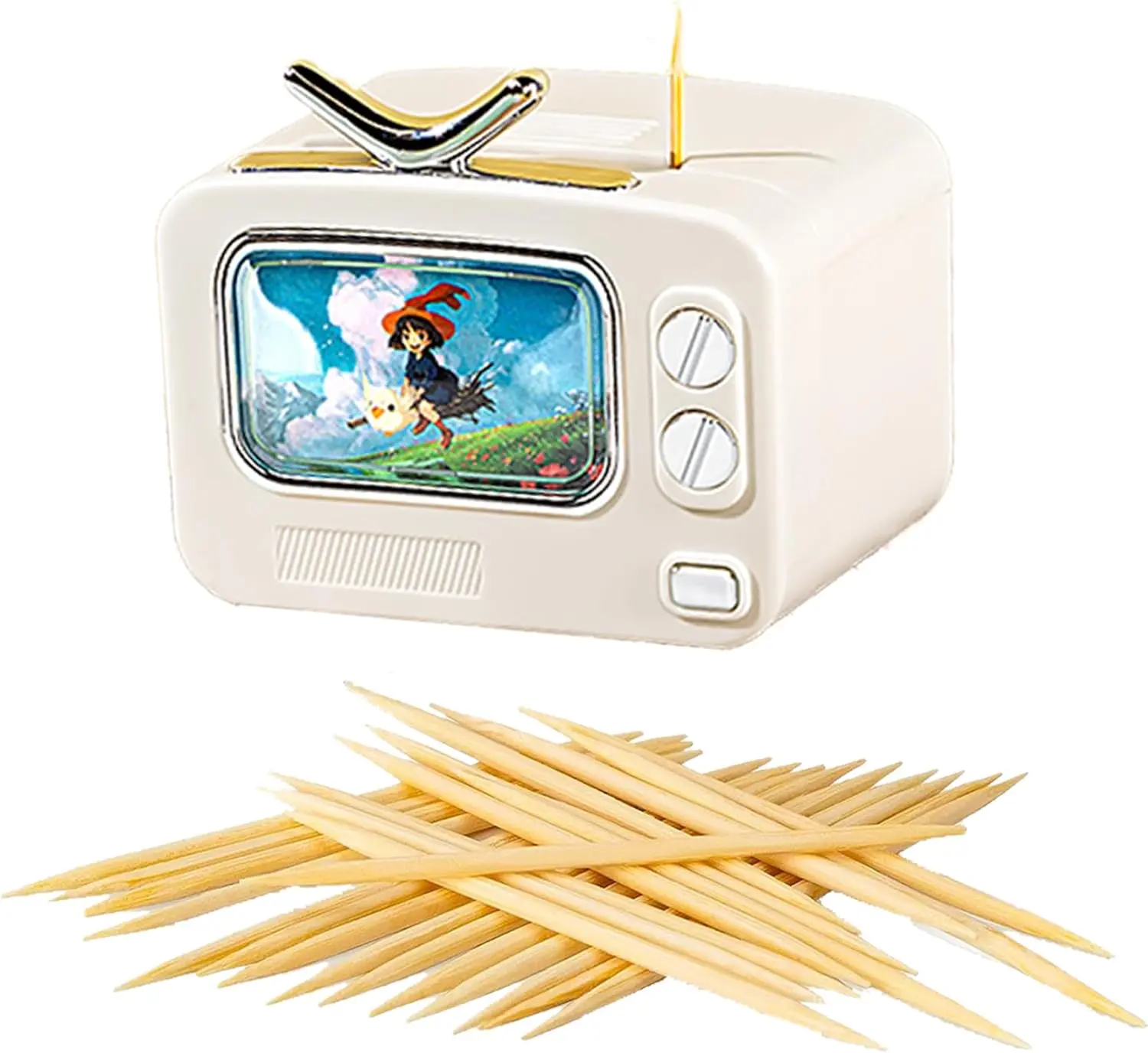 Creative TV-Shaped Toothpick Holder,Pop-Up Automatic Toothpick Dispensers with 100 Natural Wood Toothpicks for Home Kitchen Restaurant,Home Office