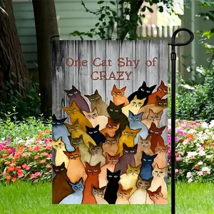 1pc, Funny Cute One Cats Shy Of Crazy Garden Flag, Spring Summer Autumn And Winter Animal Double Sided Printed Yard Flag, Outdoor Decorations, Waterproof Vertical Flag, Home Decor, Yard Decor, Garden Decorations