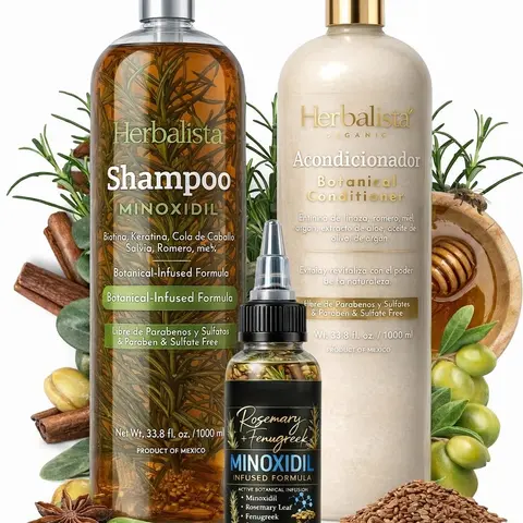 Herbalista 5% Minoxidil Haircare Kit Set - 1000ML (1L) Shampoo, Conditioner & Oil with Real Herbs (Rosemary + Mint, Cinnamon, Aloe) for Hair Growth, Anti-Hair Loss