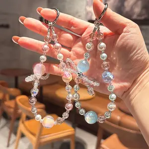 New Pink Blue Cloud Phone Lanyard Crystal Bow Charm Phone Charms Light Luxurious High-Level Sense DIY Beaded Portable Universal Strong Anti-Lost Super Beautiful Mobile Phone Case Strap