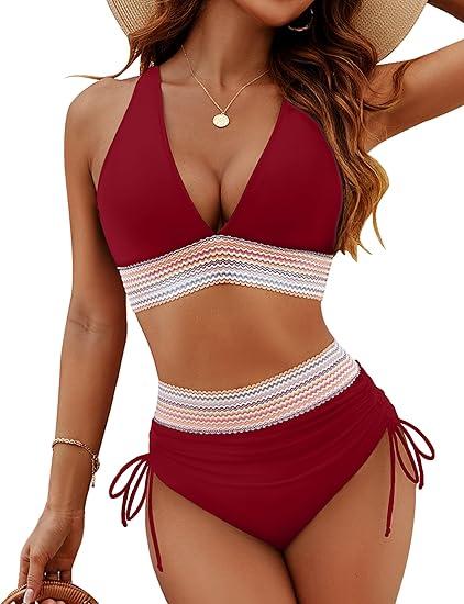 Blooming Jelly Women High Waisted Bikini Sets Tummy Control Swimsuits Color Block Two Piece Drawstring Bathing Suit#TikTokShopHolidayHaul