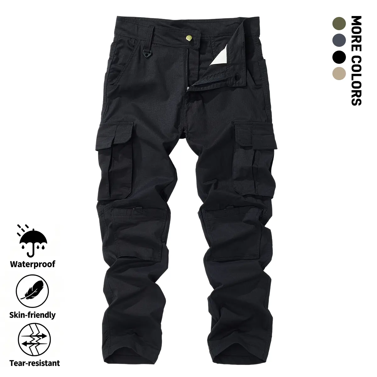 Men's Multi-Pocket Cargo Pants - Outdoor Hiking and Trekking Black Long Pants - Elastic Waist Casual Versatile Straight-Leg Trousers - Durable and Comfortable for Spring and Autumn Tactical Cargo Work Pants