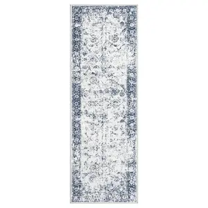 2 x 6 ft Polyester Blue Rectangular Laundry Bathroom Kitchen Distressed Floral Print Vintage Machine Washable Runner Rug-C